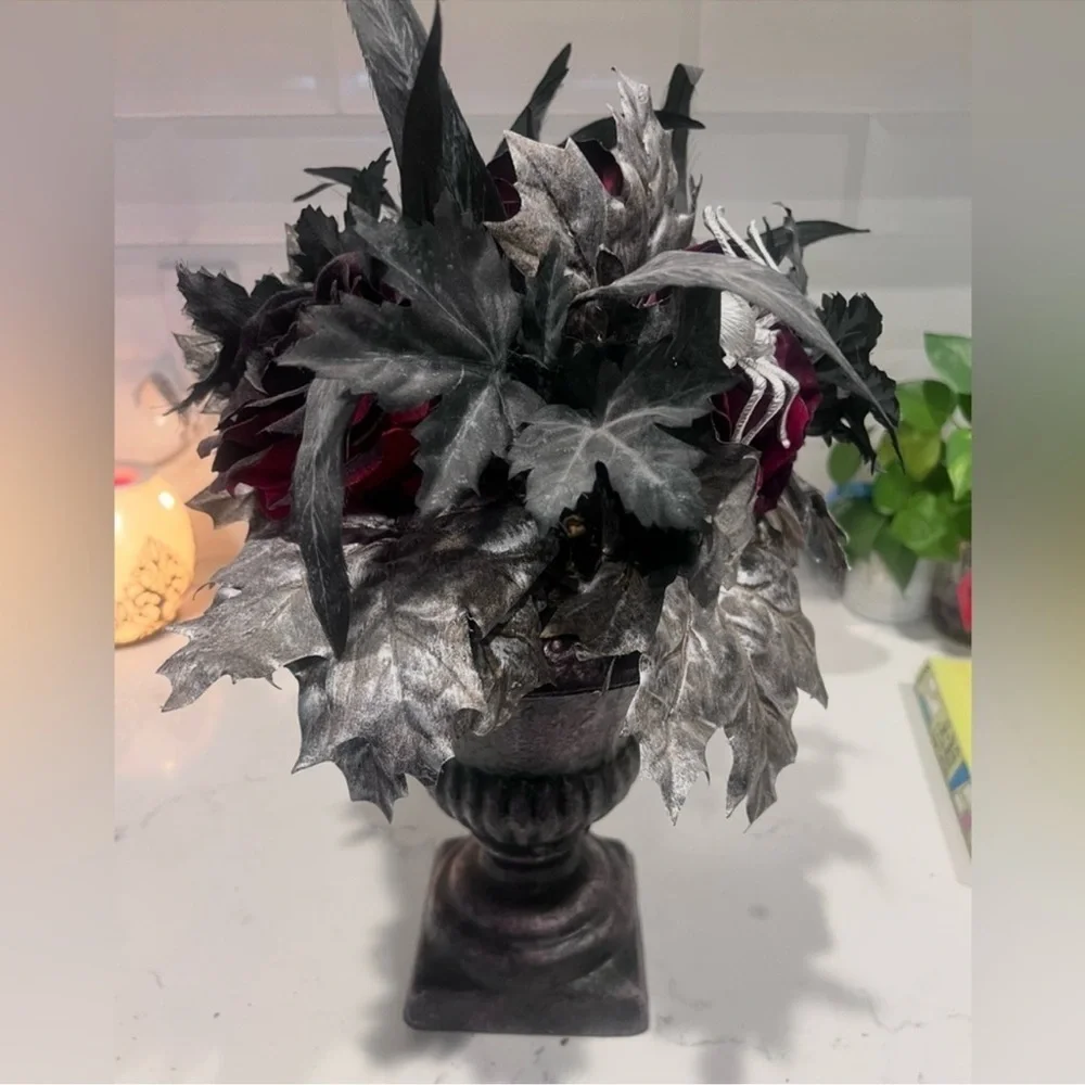 Gothic Vampire Black Red Floral Feather Rose Vase Arrangement